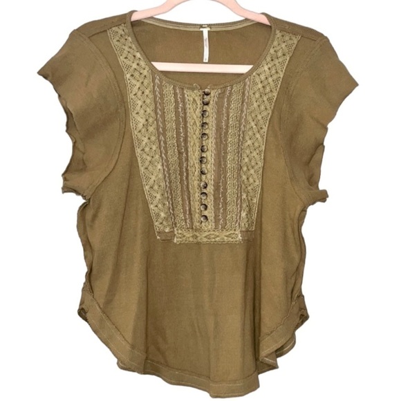 FREE PEOPLE Ribbed Button Up Crochet Top Small Blouse Tee Neutral Bohemian Boho - Picture 2 of 7